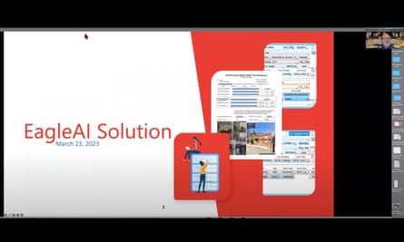 A screenshot of EagleAI’s March 2023 Zoom call demonstrating its software that enables challenges to voter registrations