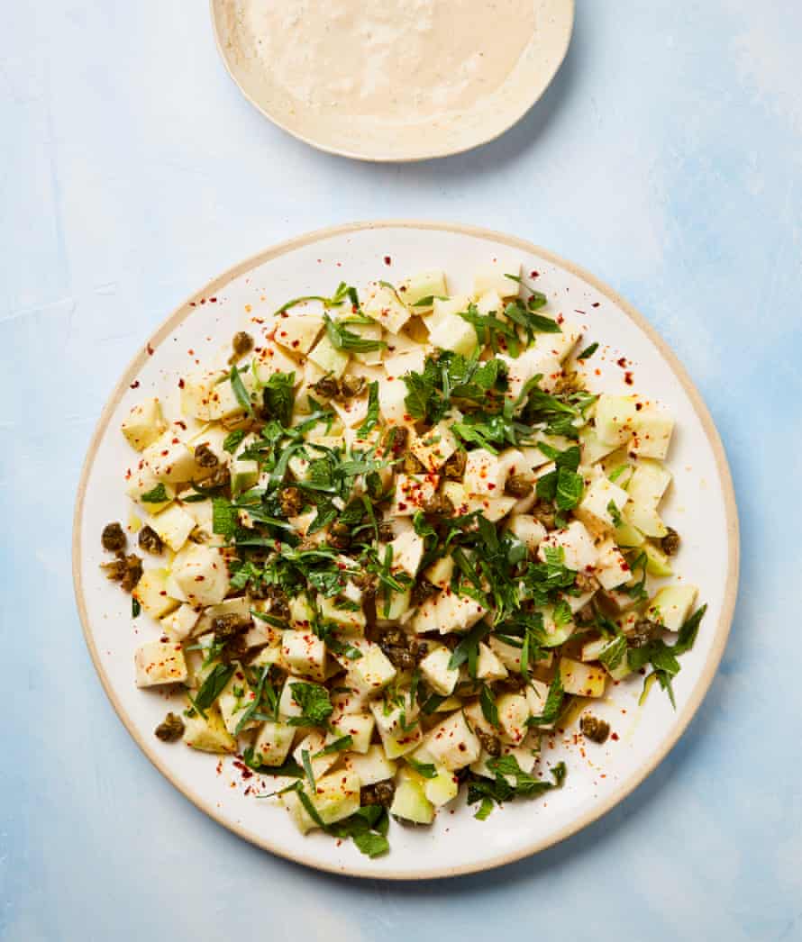 Yotam Ottolenghi’s kohlrabi with tonnato, herbs, fried capers and aleppo chilli.