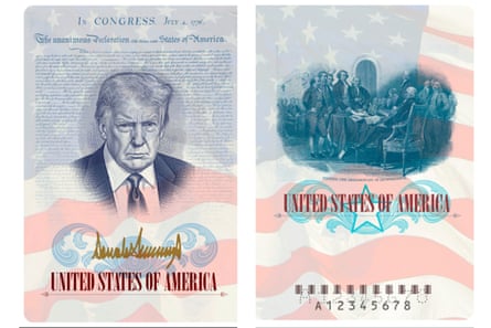 red, white and blue US passport with portrait of trump