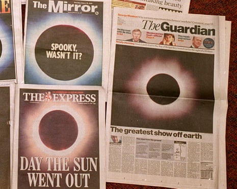 Front pages of British national daily newspapers showing photographs of the total eclipse that occured over parts of western Europe, the Middle East and the Indian sub continent.
