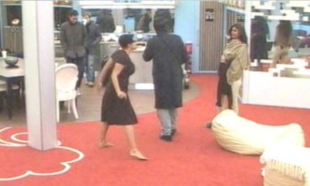 Goody, left, launches a tirade at Bollywood actor Shilpa Shetty, as Jermaine Jackson tries to get out of the way.