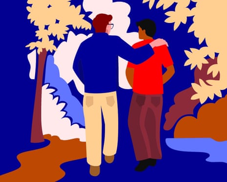Two people stand with arms around each other's shoulders, facing away, looking at stylized trees