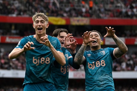 Bournemouth’s Dean Huijsen celebrates scoring their first goal against Arsenal at the Emirates Stadium