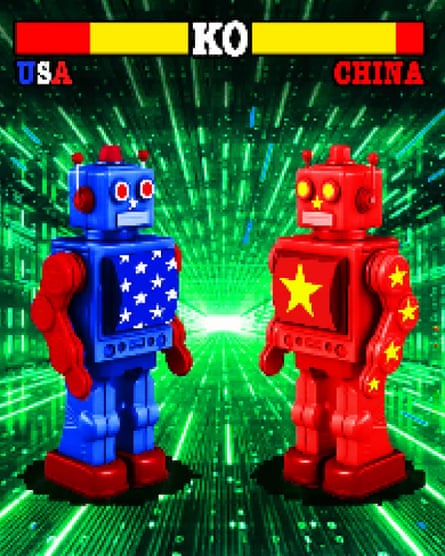 Robots representing the USA and China face off in a retro fighting video game