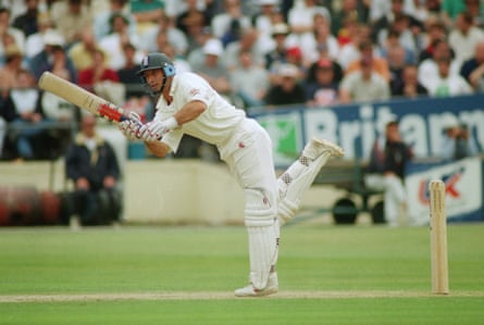 Nasser Hussain of England in action during the first Ashes Test against Australia at Edgbaston.