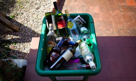 alcohol bottles in recycling bin