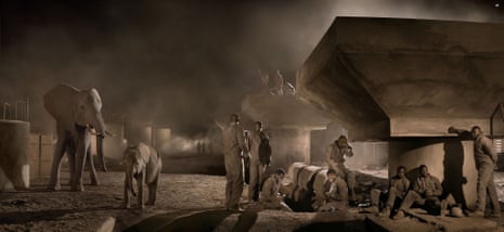 Bridge Construction with Elephants and Workers, by Nick Brandt