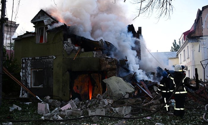 An image released by Ukraine’s state emergency service showing firefighters work at a site of a residential building damaged by a Russian military strike in Mykolaiv.