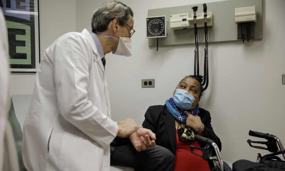 Trachea transplant recipient Sonia Sein talks with the lead surgeon of her procedure, Dr Eric Genden, left, during a checkup visit at Mt Sinai hospital in New York last month.