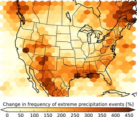This figure shows the expected increase in the number of summertime storms that produce extreme precipitation at century’s end compared to 2000-2013.