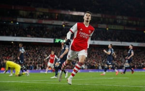 Gabriel Martinelli celebrating after firing the Gunners into the lead.