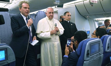 The pope aboard his plane as he flies back from Peru. He said of Bishop Juan Barros: ‘I can’t condemn him because I don’t have evidence.’