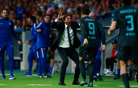 Antonio Conte, Chelsea manager, celebrates with Alvaro Morata after he scored Chelsea's equaliser.