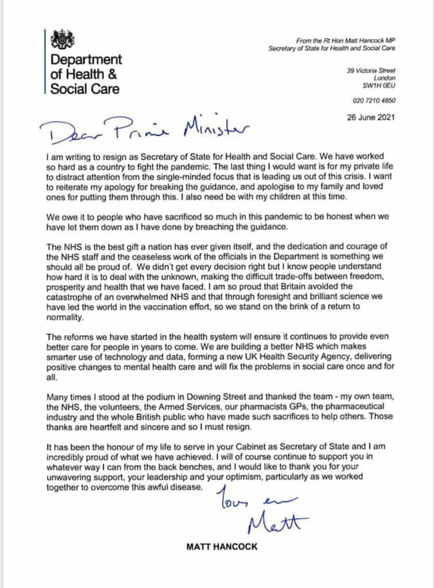 Matt Hancock’s resignation letter to the PM.