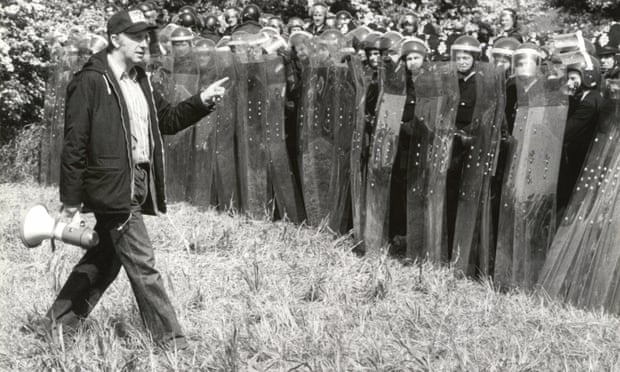 Arthur Scargill walks along a police line during the Orgreave strike in 1984.