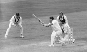 Rest of the World fielders Mike Procter and Eddie Barlow of South Africa and wicketkeeper Deryck Murray of West Indies look on as England's captain Ray Illingworth hits out at Edgbaston
