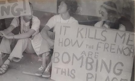 Joan Yee, Claire Slatter, and Vanessa Griffen at a sit-down protest in Suva, 1970s (Supplied)