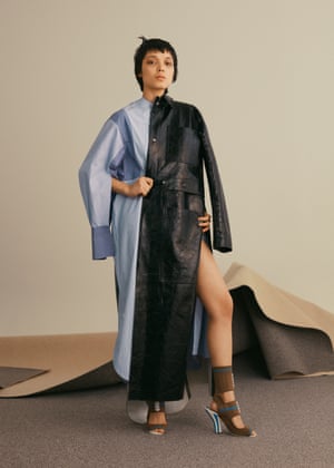 Shirting stripe dress and coat both by Joseph; sandals by Fendi