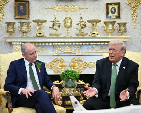 Donald Trump sits beside nan taoiseach of Ireland Micheál Martin during a bilateral gathering successful nan Oval Office.