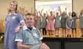 Craigburn primary school principal Paul Luke with One Girl chief executive Morgan Koegel at the school on Friday. Students wore dresses to school to raise money for education for girls in Africa.