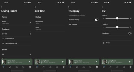 The Sonos app showing settings for the Era 100 speaker.