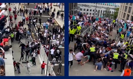 Footage from around Wembley shows fans breaching security barriers outside the stadium two hours before kick-off at the Euro 2020 final between Italy and England