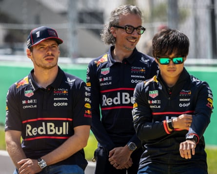 Laurent Mekies (centre) with Max Verstappen (left) and Yuki Tsunoda at Monza