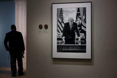 The portrait of Donald Trump, taken by official White House photographer Daniel Torok which is the basis of a proposed US Mint semiquincentennial commemorative gold coin design, on display at the Smithsonian National Portrait Gallery.