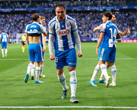 Kike García celebrates after scoring his team’s second goal during La Liga match between Espanyol and Athletic Club