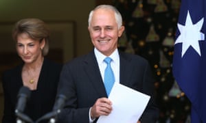 Malcolm Turnbull, flanked by Michaelia Cash, addresses the media in the PM’s courtyard at Parliament House