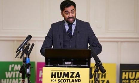 Humza Yousaf speaking at the launch of his first minister campaign at Clydebank Town Hall, West Dunbartonshire, on Monday