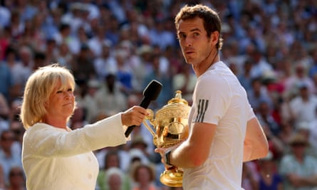 Sue Barker interviews Andy Murray on Centre Court.
