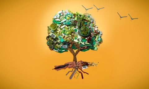 Illustration of a tree made up of plastic bottles, old clothes, etc