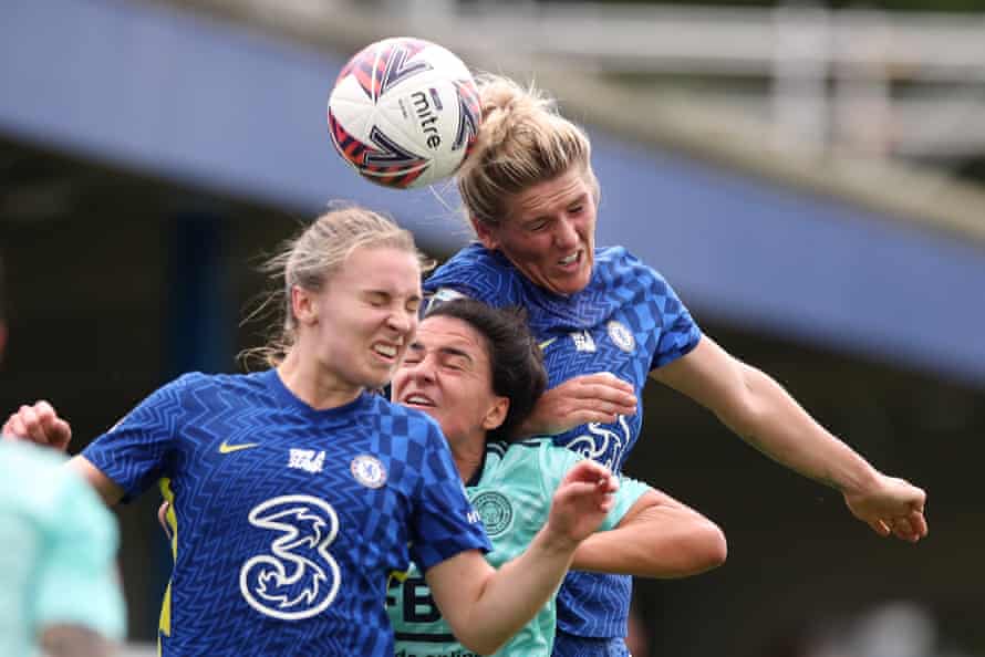 Chelsea’s WSL champions: player-by-player ratings for Emma Hayes’s squad | Chelsea Women 2 Chelsea’s Millie Bright rises highest and clears the ball ahead of teammate Niamh Charles (left) and Leicester City’s Jessica Sigsworth.