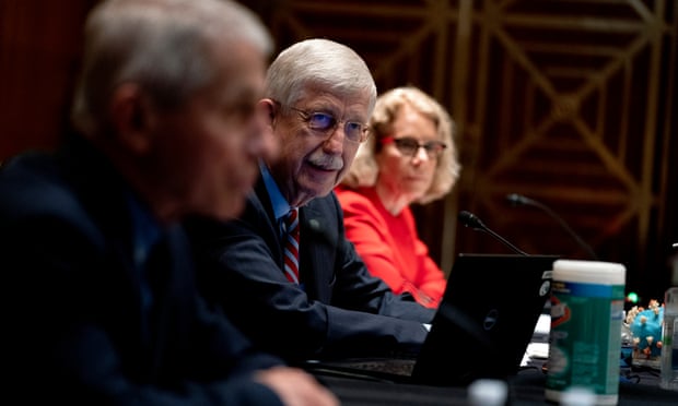 Dr Francis Collins, director of the US National Institutes of Health (NIH), center, speaks during a Senate hearing in Washington on 26 May 2021. 