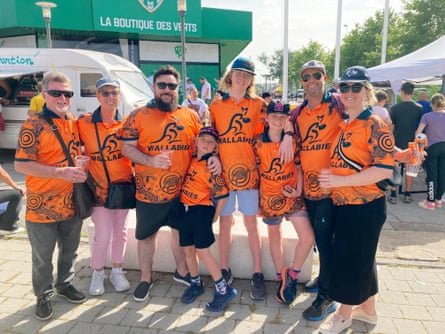Alexander (second right) and Kirsty Moore (right) and fellow Australia fans in Saint-Etienne before the game against Fiji.