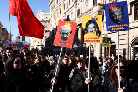 Protesters hold placards featuring stylised portraits of Benjamin Netanyahu, Giorgia Meloni and Donald Trump during a No Kings demonstration in Rome, Italy, on Saturday.