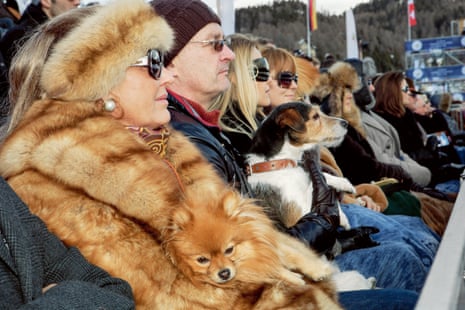 Spectators and two dogs at a polo match in St Moritz, Switzerland, in 2011, a woman at the front wearing a fur coat that matches the dog on her lap