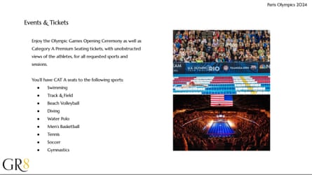 A page from the GR8 document promising ‘category A premium’ tickets to a range of events with unobstructed views of the athletes.
