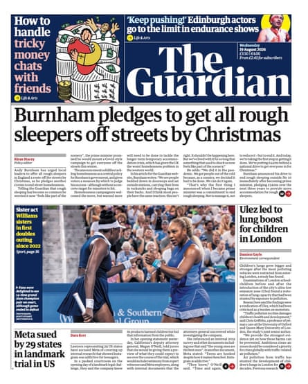 Front page of the Guardian 19 August