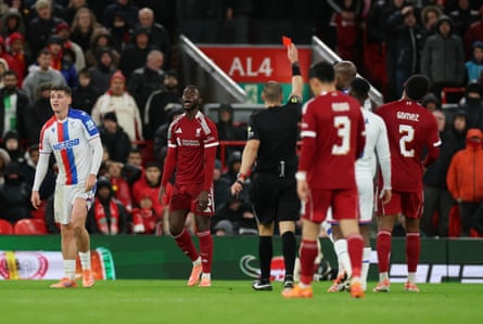 Liverpool’s Amara Nallo is shown a red card by the referee Craig Pawson