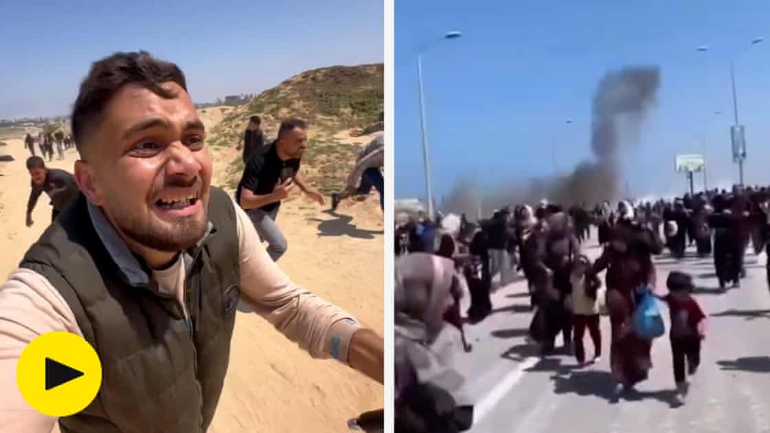Footage shows people in Gaza fleeing strikes as people try to return to the north – video