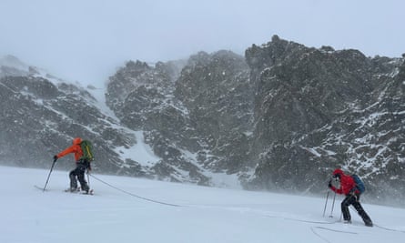 Skiers have to rope together in some conditions.