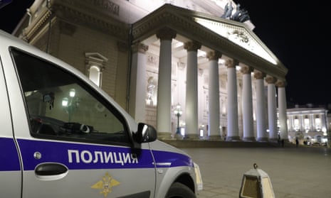 A police car outside Moscow’s Bolshoi theatre.