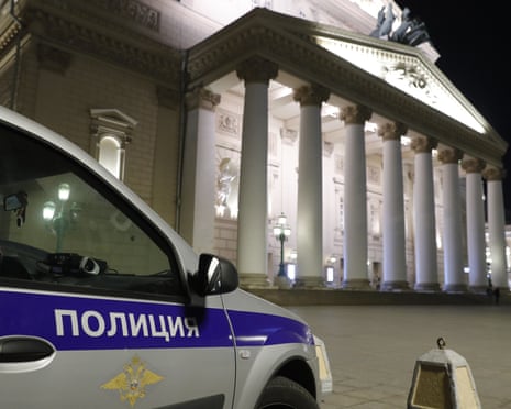 A police car outside Moscow’s Bolshoi theatre.