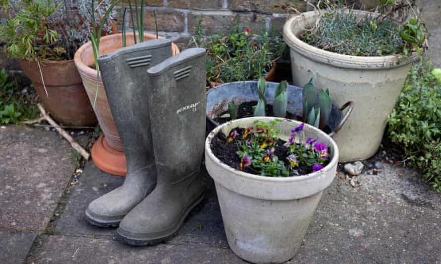 wellies and garden pots