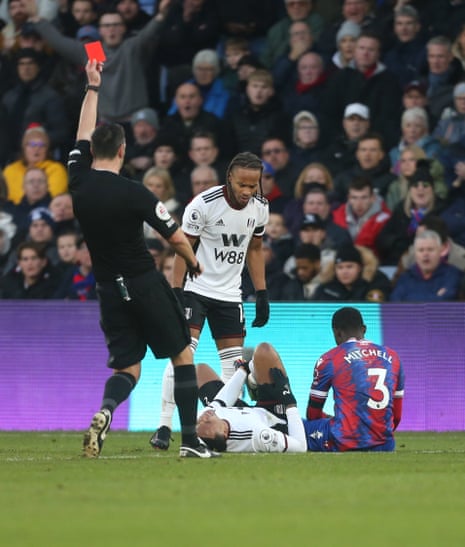Crystal Palace's Tyrick Mitchell is sent off.