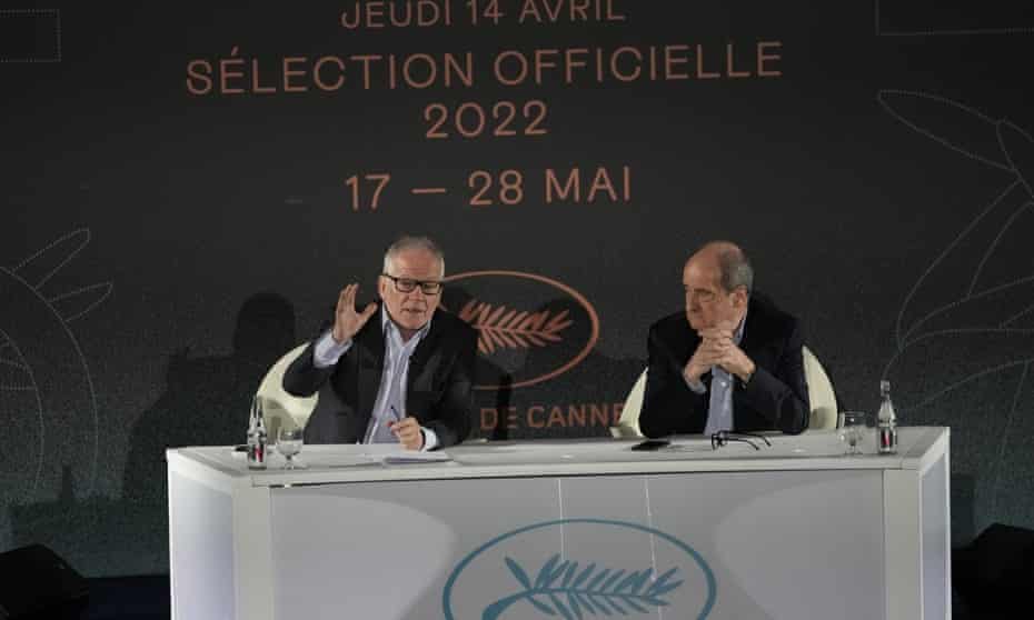 Let’s get excited … festival general delegate Thierry Frémaux, left, and festival president Pierre Lescure announce the Cannes film festival line up for 2022.
