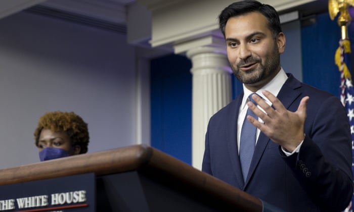 Biden targets Trump and says ‘anyone who fails to condemn violence is a threat to democracy’ – live 5 Ali Zaidi, with White House press sec Karine Jean-Pierre to his right.