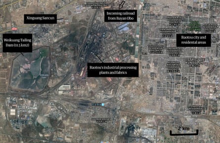 A satellite image showing the city of Baotou and its rare earth mines. One of the most notorious tailings ponds in the area is the Weikuang tailings dam, owned by the state-owned Baogang Group.